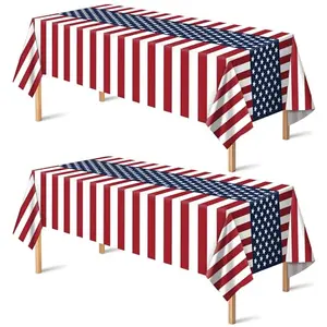 Two red, white, and blue American flag pattern plastic tablecloths for outdoor 4th of July parties