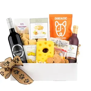 Wine and cheese themed gift basket with non-alcoholic wine and dog toys