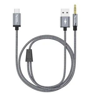 Black CableCreation USB-C to 3.5mm aux cable with USB-A charging port