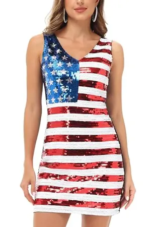 Anna-Kaci V-neck sleeveless USA flag sequin mini dress in red, white, and blue