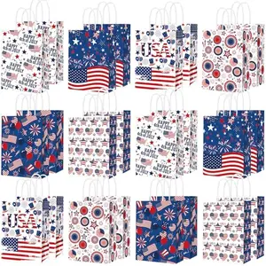 Pack of 24 paper patriotic gift bags with stars, fireworks, and stripes in six designs.