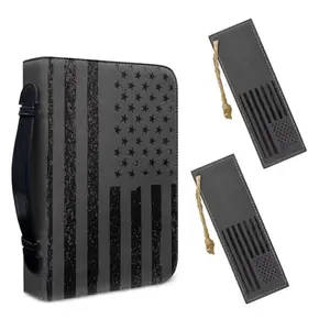 Lotusorchid American Flag PU Leather Bible Cover with greyed flag design, showing included bookmarks