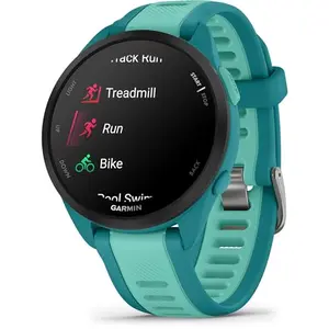 Garmin Forerunner 165 Music watch in turquoise with colorful AMOLED display and running metrics