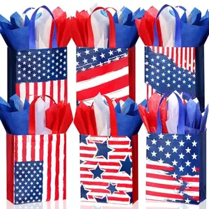Set of 36 reusable non-woven patriotic gift bags in six different flag designs with 108 sheets of tissue paper.