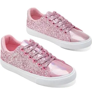 AISFAES women's pink glitter lace-up sneakers
