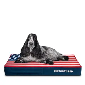 Medium orthopedic dog bed with USA center flag, blue with red trim