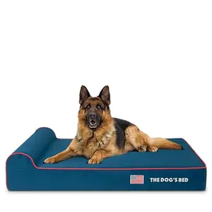 XL orthopedic dog bed with headrest, blue with red trim USA flag pattern