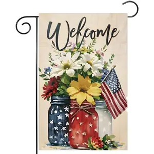 Patriotic garden flag 12x18 burlap double sided with mason jar flowers design