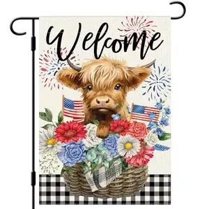 Double-sided Dlzdn highland cow garden flag with red, white and blue buffalo plaid and flowers