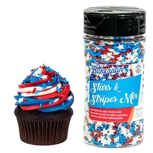 Bakerpan star confetti sprinkles in a bag with red, white and blue stars