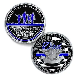 Thin blue line police challenge coin for dad with family engraving