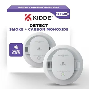 Kidde smoke and carbon monoxide detector with voice alerts on white background