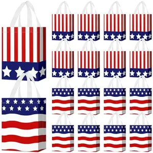 Set of 24 reusable non-woven patriotic gift bags in two styles with red, white, and blue stars and stripes.