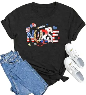 MAIHUN Womens Nurse 4th of July Shirt Patriotic Nurse T-Shirt American Flag Short Sleeve