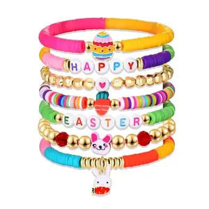 Colorful heishi bead bracelets with Easter bunny and carrot designs