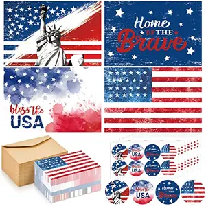 Package of 100 patriotic postcard-style thank you cards with four flag and eagle designs, plus envelopes and sticker sheets.