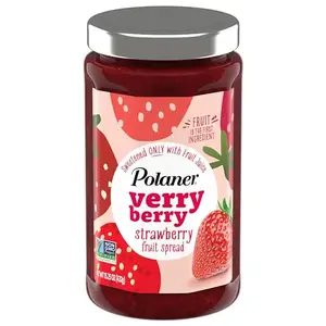 Polaner Verry Berry strawberry spread jar on a wooden table