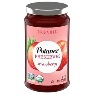 Polaner organic strawberry preserves jar on a rustic table