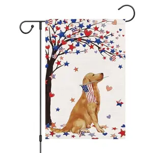 Louise Maelys double-sided golden retriever 4th of July garden flag with 'Welcome' design in burlap