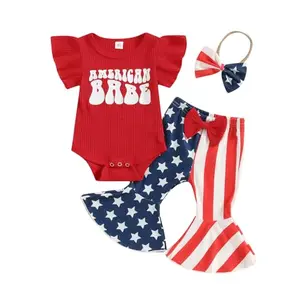 Kuriozud baby girl 4th of July outfit with ruffle romper, American flag flare pants, and bow headband