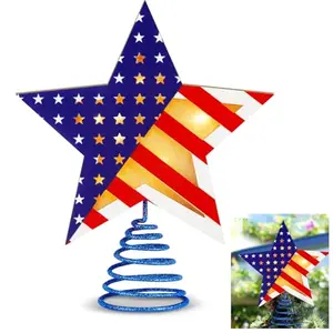 Craftsatin wooden patriotic star tree topper with LED lights on a Christmas tree