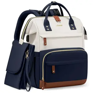 LOVEVOOK navy blue-beige leather-like diaper bag backpack