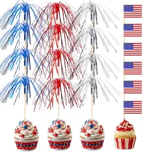 BOARDFEB 200 piece patriotic cupcake toppers set with red white and blue foil fireworks and American flag toothpicks on a white background