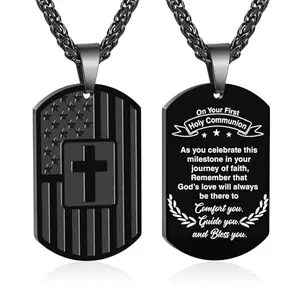 Zocomi American Flag dog tag cross necklace on a boy's neck