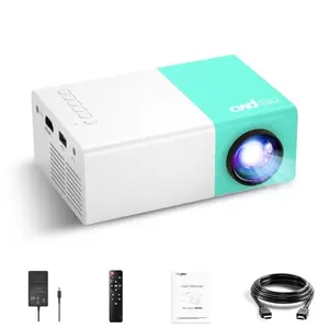 Mint green wepvo YG300Plus mini projector on a table, projecting a movie