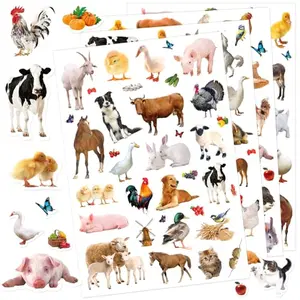 720 piece farm animal sticker pack with 144 unique designs on 20 sheets, including cows, chicks, ducks, sheep, horses, and dogs