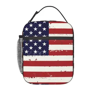 Modern rectangular USA flag lunch bag with detachable strap and water bottle holder