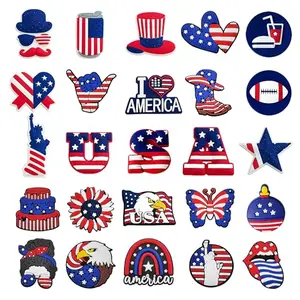 Classic 4th of July shoe charms with flags, stars, and top hat designs for Crocs decoration