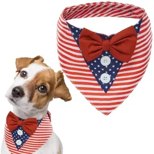 Dog wearing patriotic tuxedo with American flag design seated at dinner table