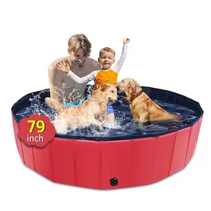 Large red foldable dog pool with multiple dogs playing