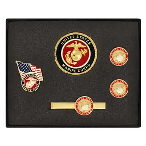 USMC suit accessories set with tie clip, lapel pin, challenge coin, and cufflinks