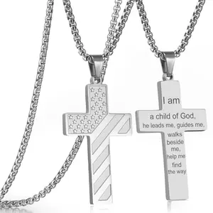 RWQIAN silver tone American flag cross pendant on a box chain