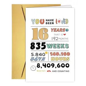 Minimalist sweet sixteen card with letter print and yellow envelope