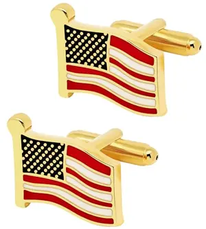 Jonwo American USA Flag Cufflinks Set with waving stars and stripes design in gold finish