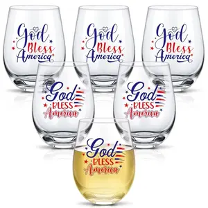 Set of 6 SiliFine patriotic stemless wine glasses with stars and flag design on clear glass