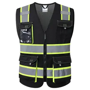 Black safety vest with reflective tape and neon trim