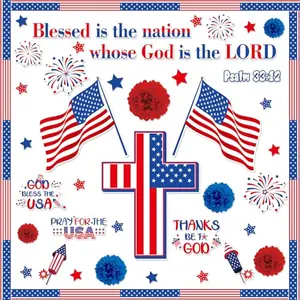Pajean religious patriotic bulletin board with American flag, cross, and Bible verse