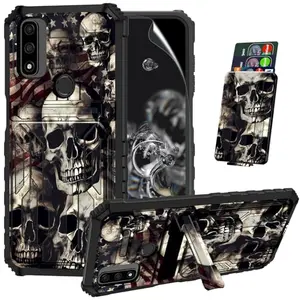ACWDMKH rugged Motorola case with skulls and American flag, kickstand extended