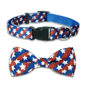 4th of July Dog Collar with Bow Tie 2 Pack Vintage American Stars Pattern on a dog