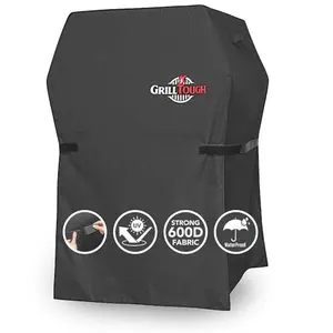 GrillTough charcoal grill cover on a small gas grill, showing adjustable straps