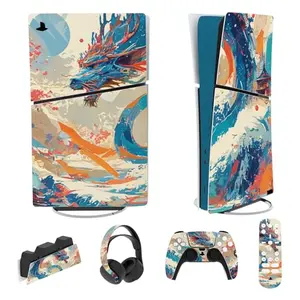 PlayVital full set skin for PS5 Slim Digital with dragon design covering console, controller, headset, charging station, and media remote
