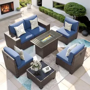 VONZOY 7-piece patio furniture with fire pit table in navy blue and brown wicker