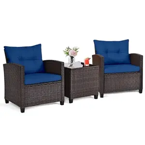 ORALNER navy blue wicker bistro set with glass coffee table