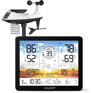 Raddy AG7 weather station with 7.4-inch color display, showing weather forecast and indoor/outdoor data