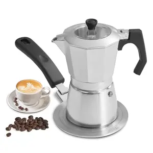 ESEVOLO silver moka pot with transparent lid and separate induction adapter plate