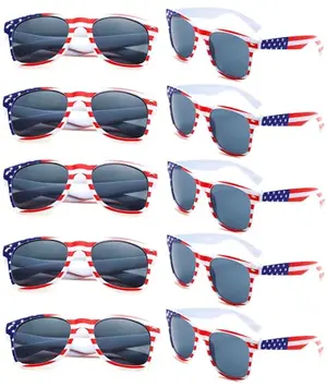 Adult wearing Fsmiling American flag sunglasses with stars and stripes